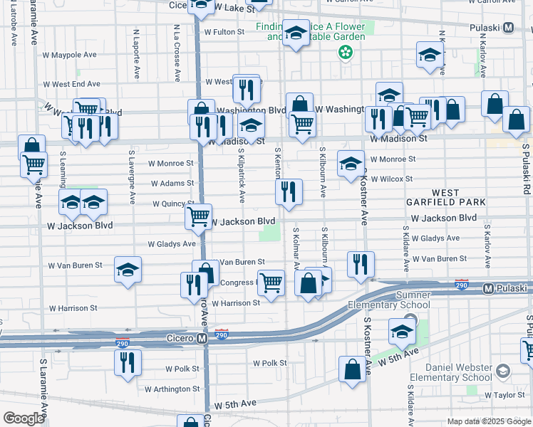 map of restaurants, bars, coffee shops, grocery stores, and more near 4620 West Jackson Boulevard in Chicago