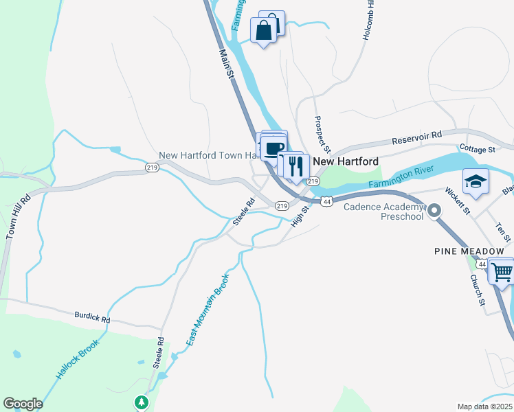map of restaurants, bars, coffee shops, grocery stores, and more near 11 Brook Street in New Hartford
