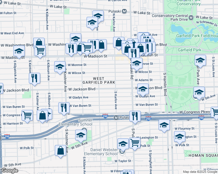 map of restaurants, bars, coffee shops, grocery stores, and more near 4124 West Jackson Boulevard in Chicago