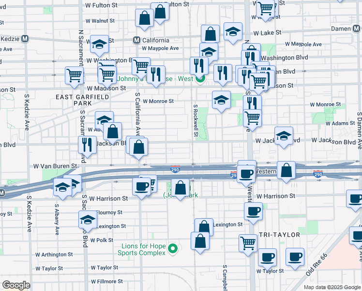 map of restaurants, bars, coffee shops, grocery stores, and more near 2644 West Gladys Avenue in Chicago