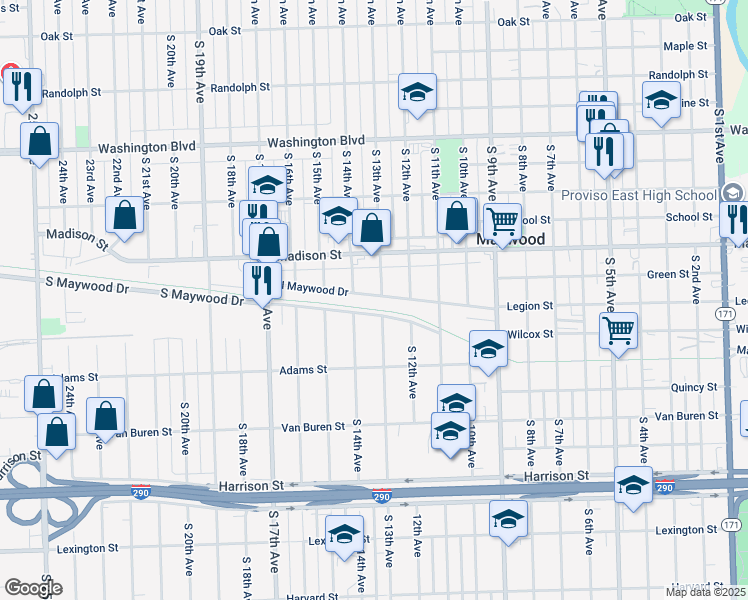 map of restaurants, bars, coffee shops, grocery stores, and more near 1304 North Maywood Drive in Maywood