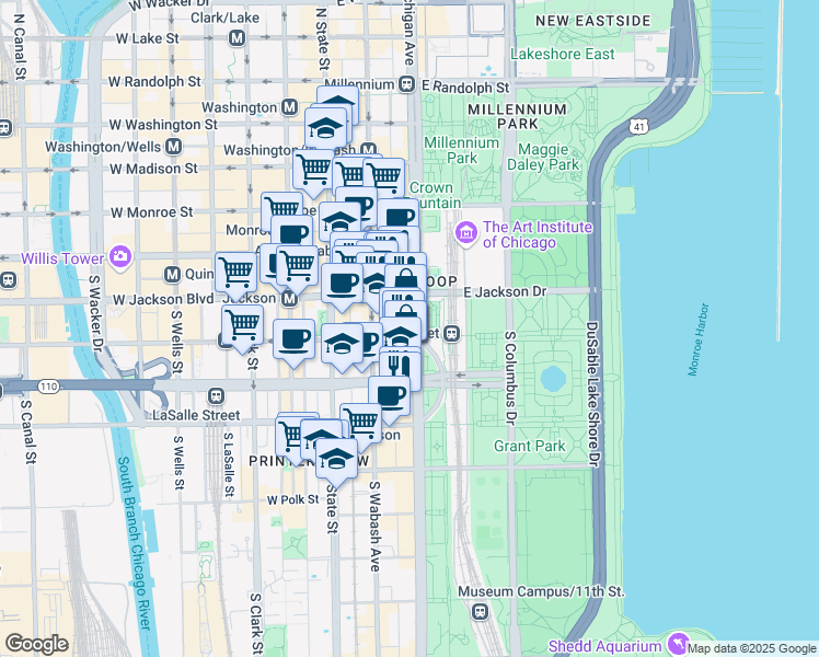 map of restaurants, bars, coffee shops, grocery stores, and more near 401 South Michigan Avenue in Chicago