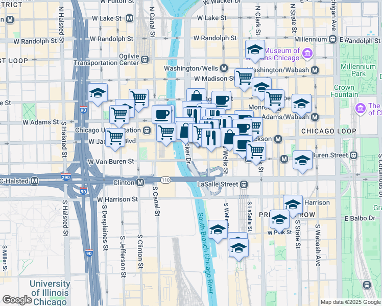 map of restaurants, bars, coffee shops, grocery stores, and more near 333 South Wacker Drive in Chicago