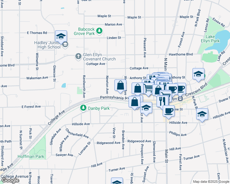 map of restaurants, bars, coffee shops, grocery stores, and more near 382 Pennsylvania Avenue in Glen Ellyn