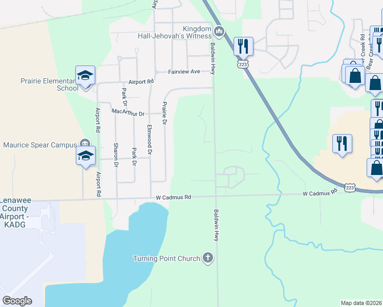 map of restaurants, bars, coffee shops, grocery stores, and more near 2773 Eunice Circle in Adrian