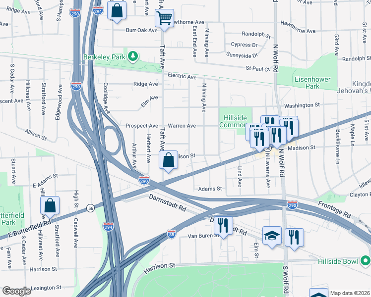 map of restaurants, bars, coffee shops, grocery stores, and more near 5112 Madison Street in Hillside