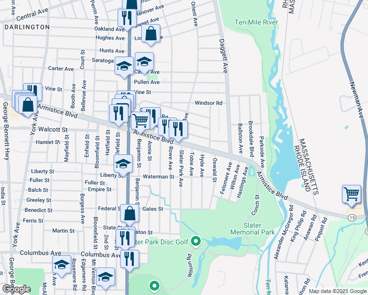 map of restaurants, bars, coffee shops, grocery stores, and more near 17 Tobie Avenue in Pawtucket