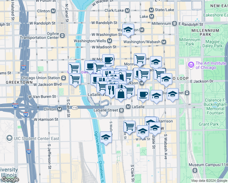 map of restaurants, bars, coffee shops, grocery stores, and more near 175 West Jackson Boulevard in Chicago