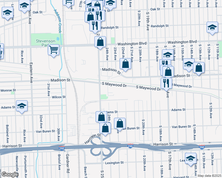map of restaurants, bars, coffee shops, grocery stores, and more near 2400 Maywood Drive in Bellwood