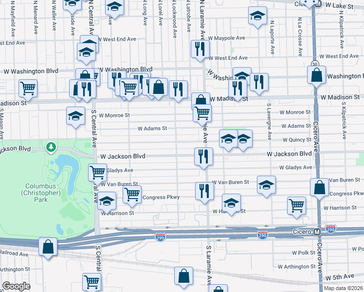 map of restaurants, bars, coffee shops, grocery stores, and more near 5262 West Jackson Boulevard in Chicago
