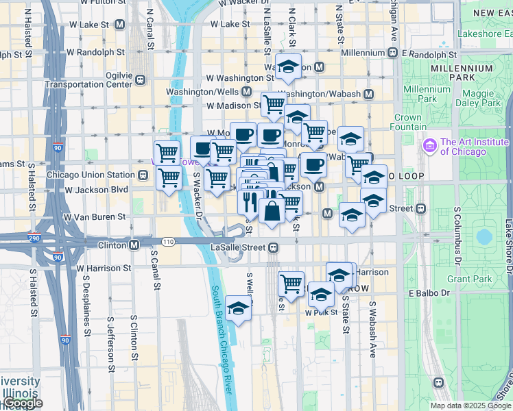 map of restaurants, bars, coffee shops, grocery stores, and more near 175 West Jackson Boulevard in Chicago