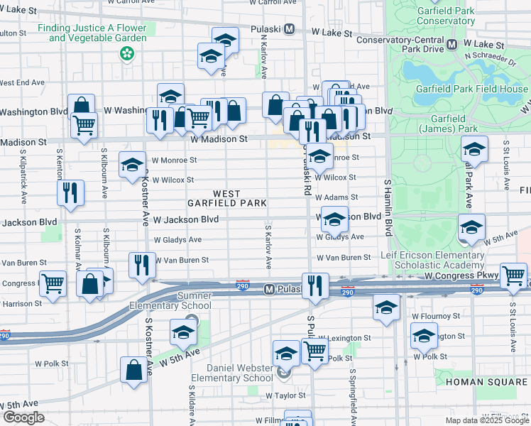 map of restaurants, bars, coffee shops, grocery stores, and more near 4100 West Jackson Boulevard in Chicago