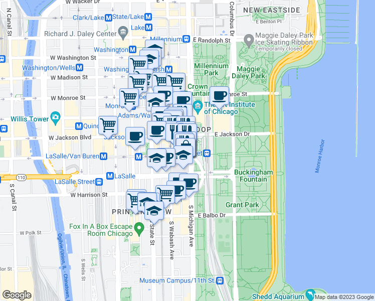 map of restaurants, bars, coffee shops, grocery stores, and more near 332 South Michigan Avenue in Chicago