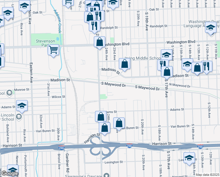 map of restaurants, bars, coffee shops, grocery stores, and more near 2400 Maywood Dr in Bellwood