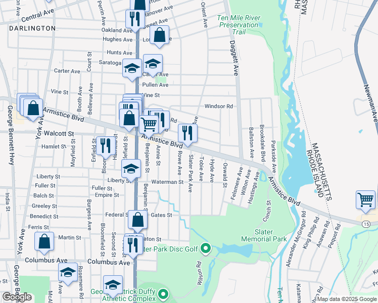 map of restaurants, bars, coffee shops, grocery stores, and more near 26 Rowe Avenue in Pawtucket