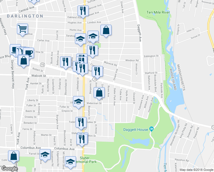 map of restaurants, bars, coffee shops, grocery stores, and more near 26 Rowe Avenue in Pawtucket