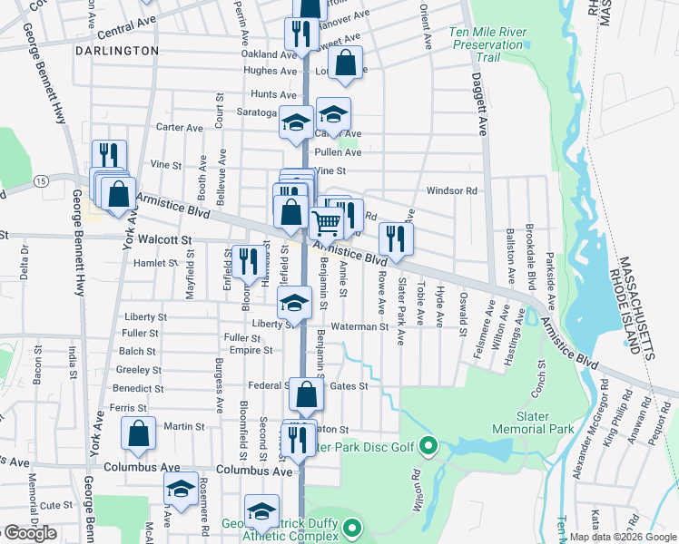 map of restaurants, bars, coffee shops, grocery stores, and more near 42 Annie Street in Pawtucket