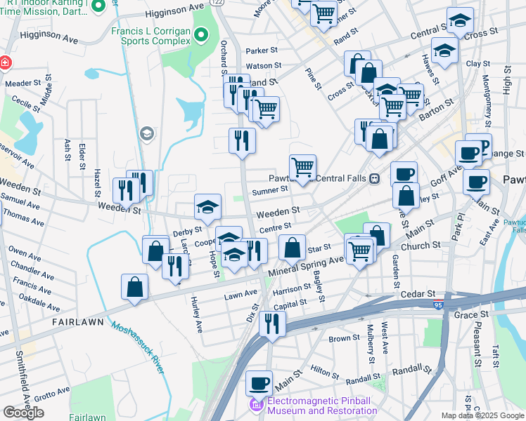 map of restaurants, bars, coffee shops, grocery stores, and more near 320 Weeden Street in Pawtucket