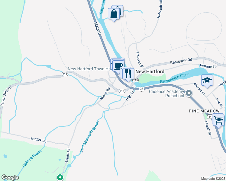 map of restaurants, bars, coffee shops, grocery stores, and more near 11 Brook Street in New Hartford