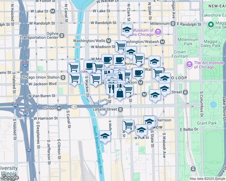 map of restaurants, bars, coffee shops, grocery stores, and more near 166 West Van Buren Street in Chicago