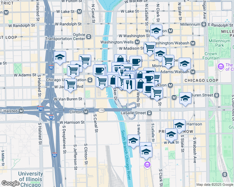 map of restaurants, bars, coffee shops, grocery stores, and more near 327 South Wacker Drive in Chicago