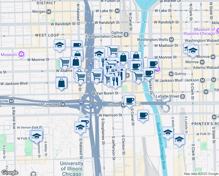map of restaurants, bars, coffee shops, grocery stores, and more near 102 South Jefferson Street in Chicago