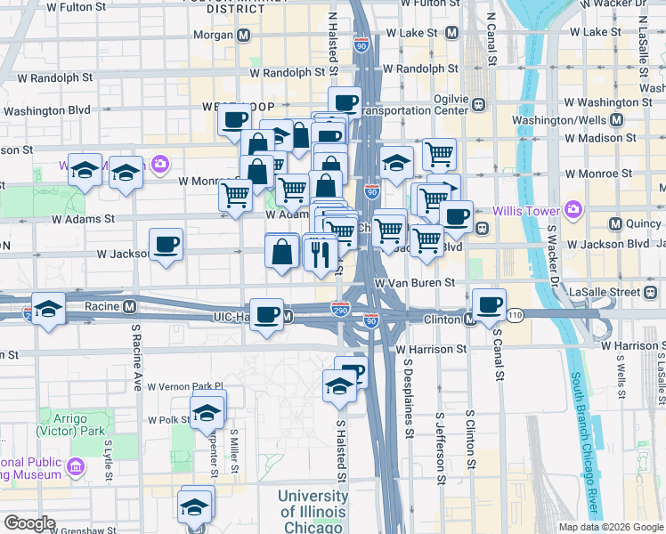map of restaurants, bars, coffee shops, grocery stores, and more near 319 South Green Street in Chicago