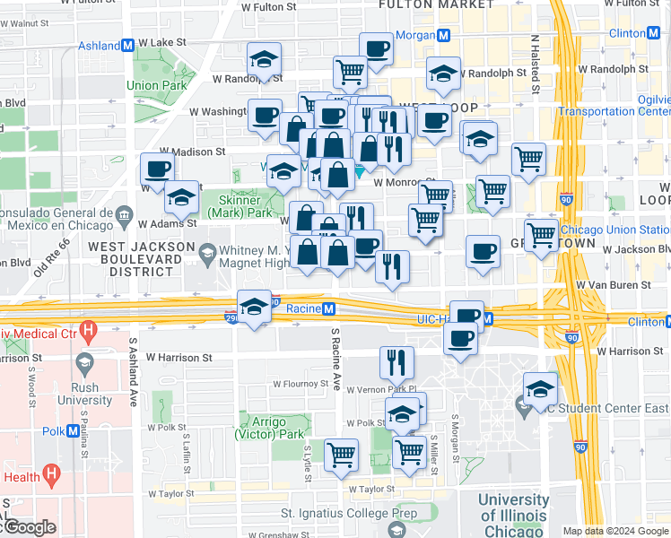 map of restaurants, bars, coffee shops, grocery stores, and more near 324 South Racine Avenue in Chicago