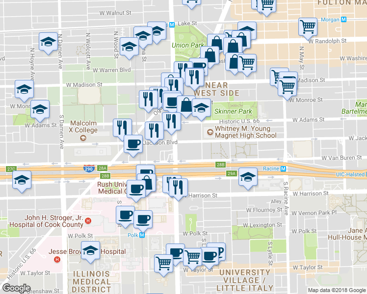 map of restaurants, bars, coffee shops, grocery stores, and more near 323 South Ashland Avenue in Chicago