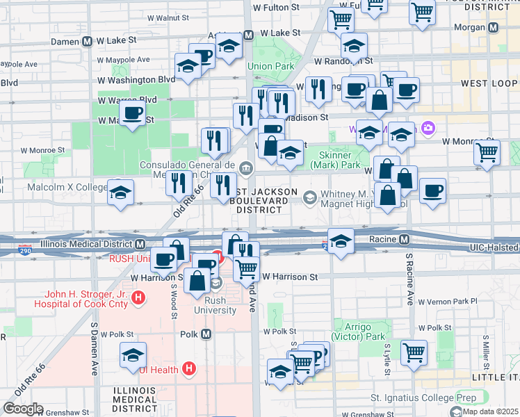 map of restaurants, bars, coffee shops, grocery stores, and more near 323 South Ashland Avenue in Chicago