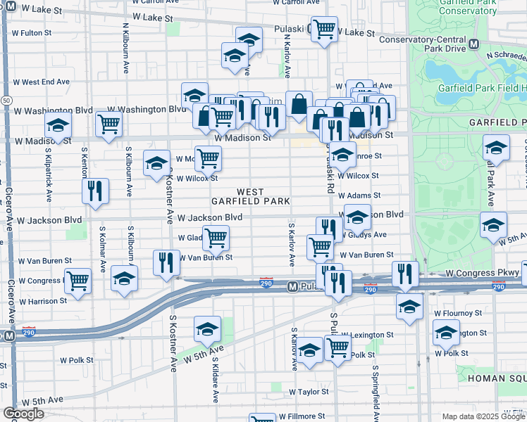 map of restaurants, bars, coffee shops, grocery stores, and more near 4124 Jackson Boulevard in Chicago