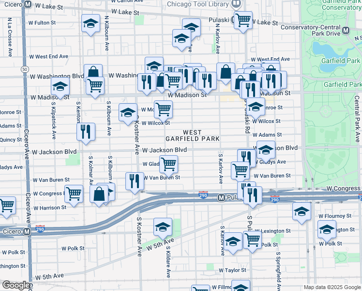 map of restaurants, bars, coffee shops, grocery stores, and more near 4241 West Jackson Boulevard in Chicago
