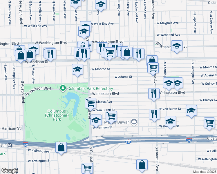 map of restaurants, bars, coffee shops, grocery stores, and more near 5508 West Jackson Boulevard in Chicago