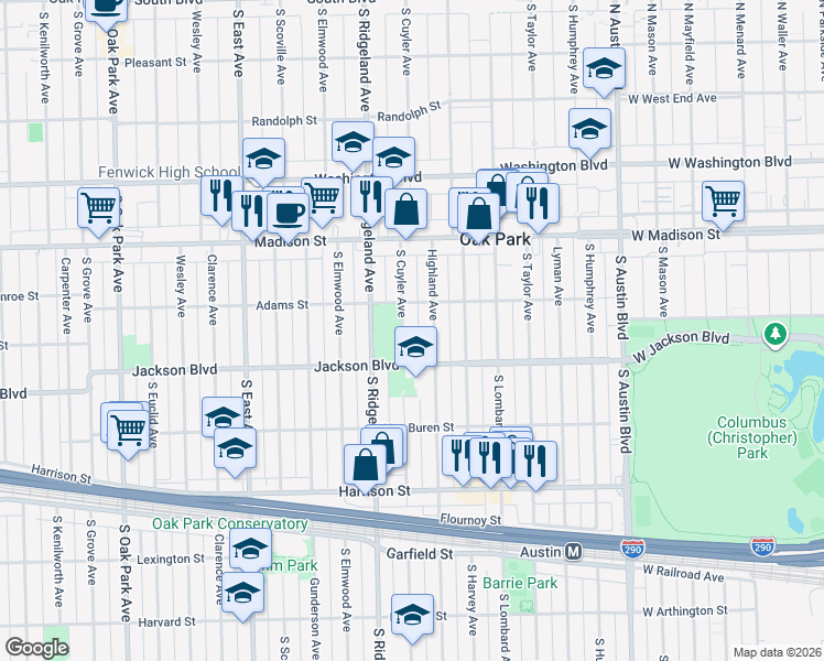 map of restaurants, bars, coffee shops, grocery stores, and more near 711 South Cuyler Avenue in Oak Park