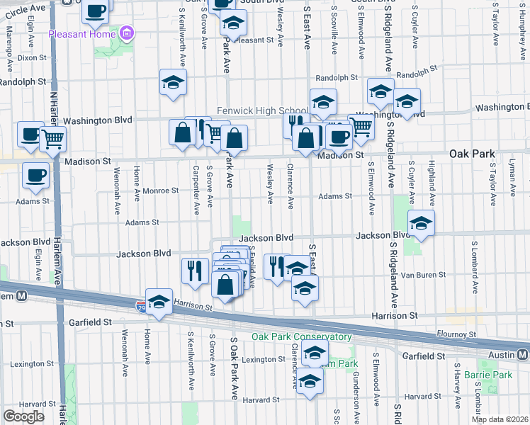 map of restaurants, bars, coffee shops, grocery stores, and more near 625 Wesley Avenue in Oak Park