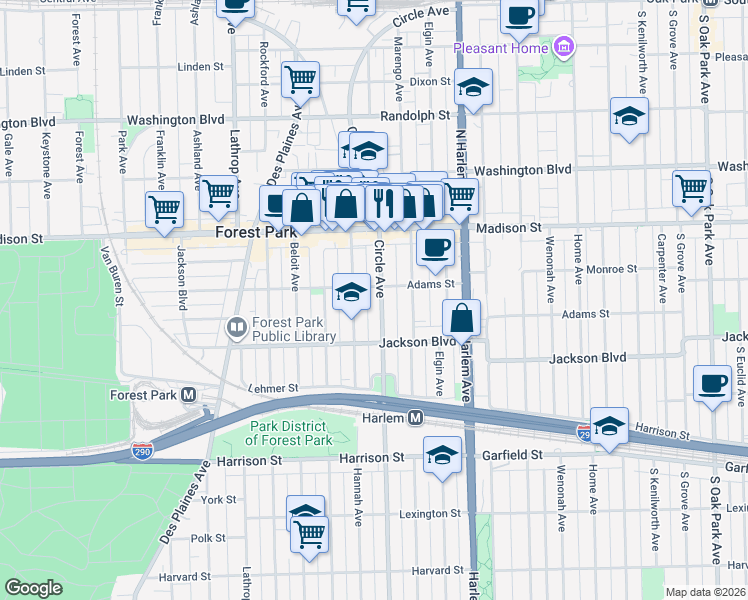 map of restaurants, bars, coffee shops, grocery stores, and more near 517 Circle Avenue in Forest Park