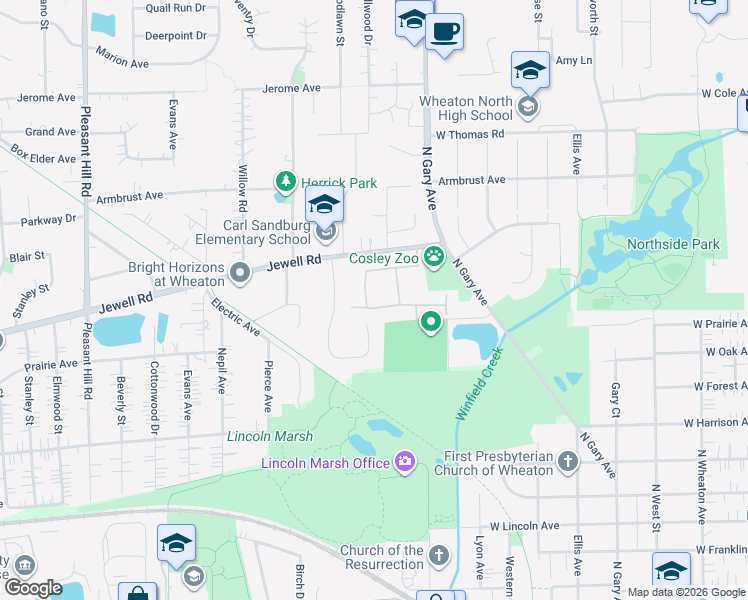 map of restaurants, bars, coffee shops, grocery stores, and more near 1142 Wheaton Oaks Drive in Wheaton