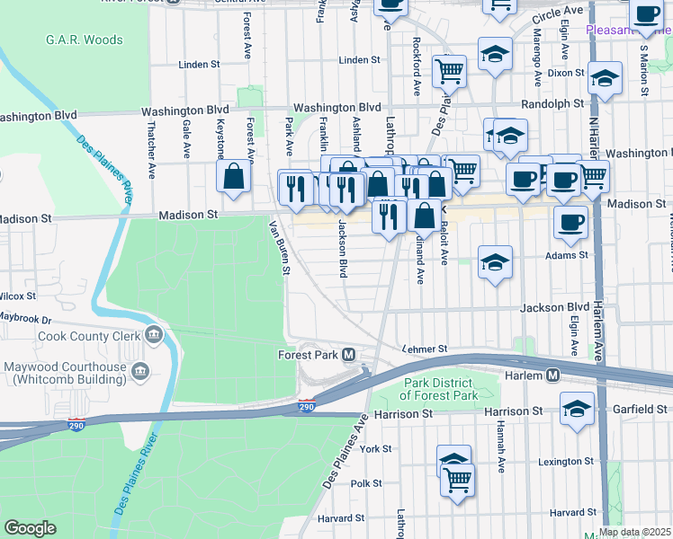 map of restaurants, bars, coffee shops, grocery stores, and more near 7713 Wilcox Street in Forest Park