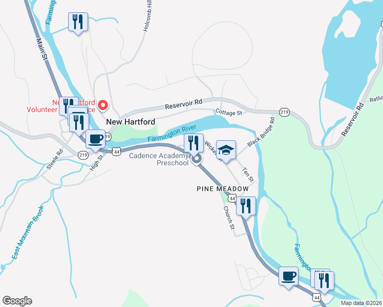 map of restaurants, bars, coffee shops, grocery stores, and more near 437 Main Street in New Hartford