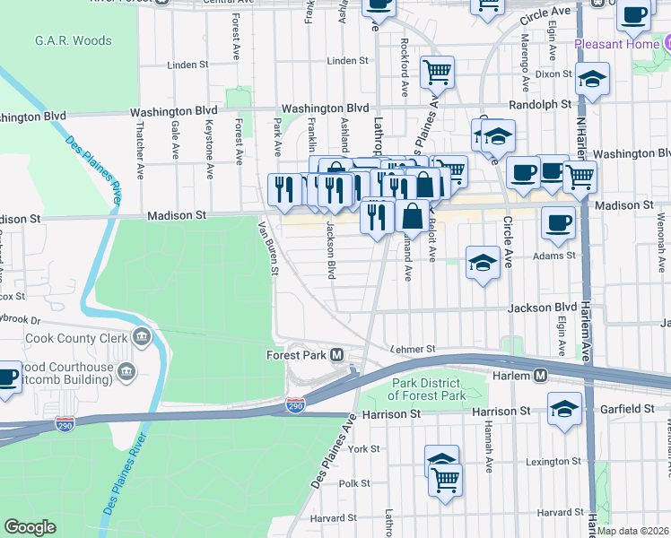 map of restaurants, bars, coffee shops, grocery stores, and more near 7647 Wilcox Street in Forest Park