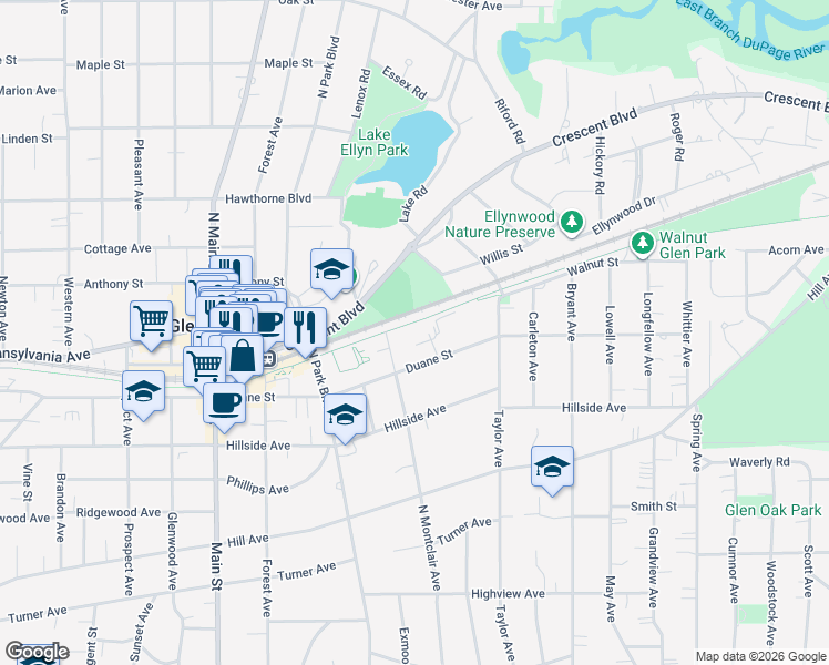 map of restaurants, bars, coffee shops, grocery stores, and more near 482 Duane Terrace in Glen Ellyn