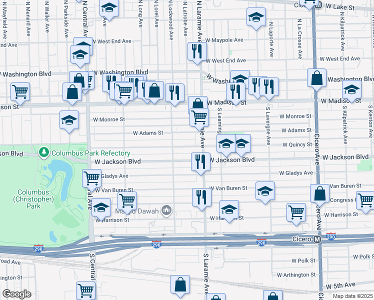 map of restaurants, bars, coffee shops, grocery stores, and more near 5233 West Quincy Street in Chicago
