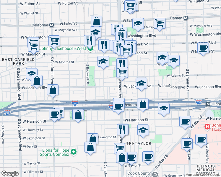map of restaurants, bars, coffee shops, grocery stores, and more near 335 South Campbell Avenue in Chicago