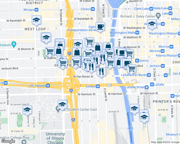 map of restaurants, bars, coffee shops, grocery stores, and more near 566 West Van Buren Street in Chicago