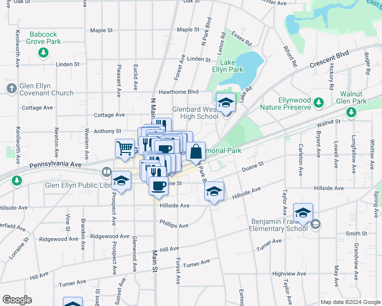 map of restaurants, bars, coffee shops, grocery stores, and more near 586 Crescent Boulevard in Glen Ellyn