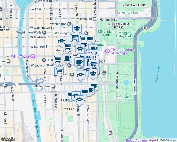 map of restaurants, bars, coffee shops, grocery stores, and more near 332 South Michigan Avenue in Chicago