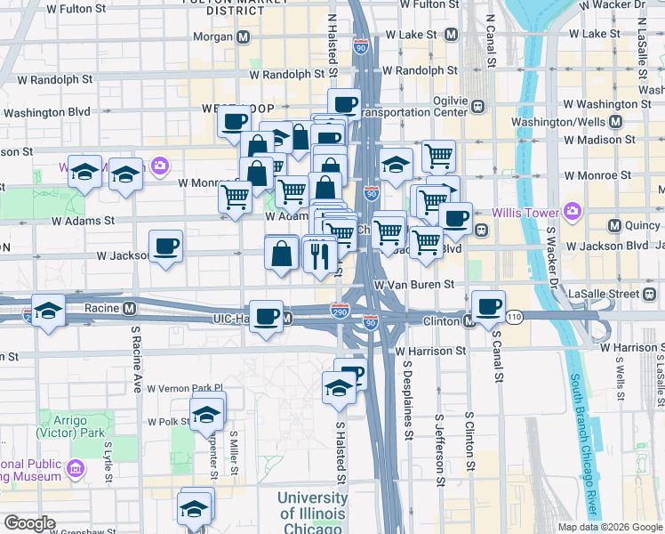 map of restaurants, bars, coffee shops, grocery stores, and more near 319 South Green Street in Chicago