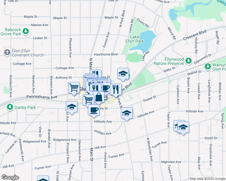 map of restaurants, bars, coffee shops, grocery stores, and more near 582 Crescent Boulevard in Glen Ellyn