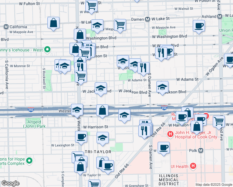 map of restaurants, bars, coffee shops, grocery stores, and more near 305 South Leavitt Street in Chicago