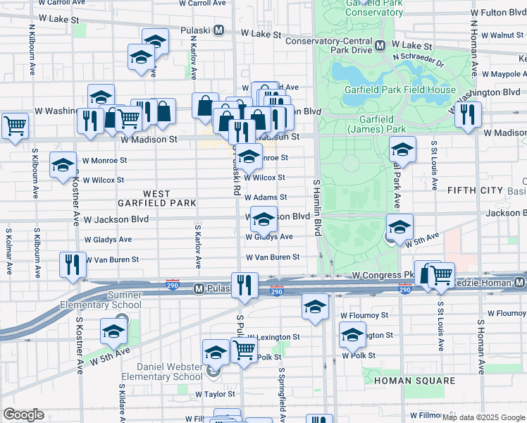 map of restaurants, bars, coffee shops, grocery stores, and more near 3928 West Jackson Boulevard in Chicago